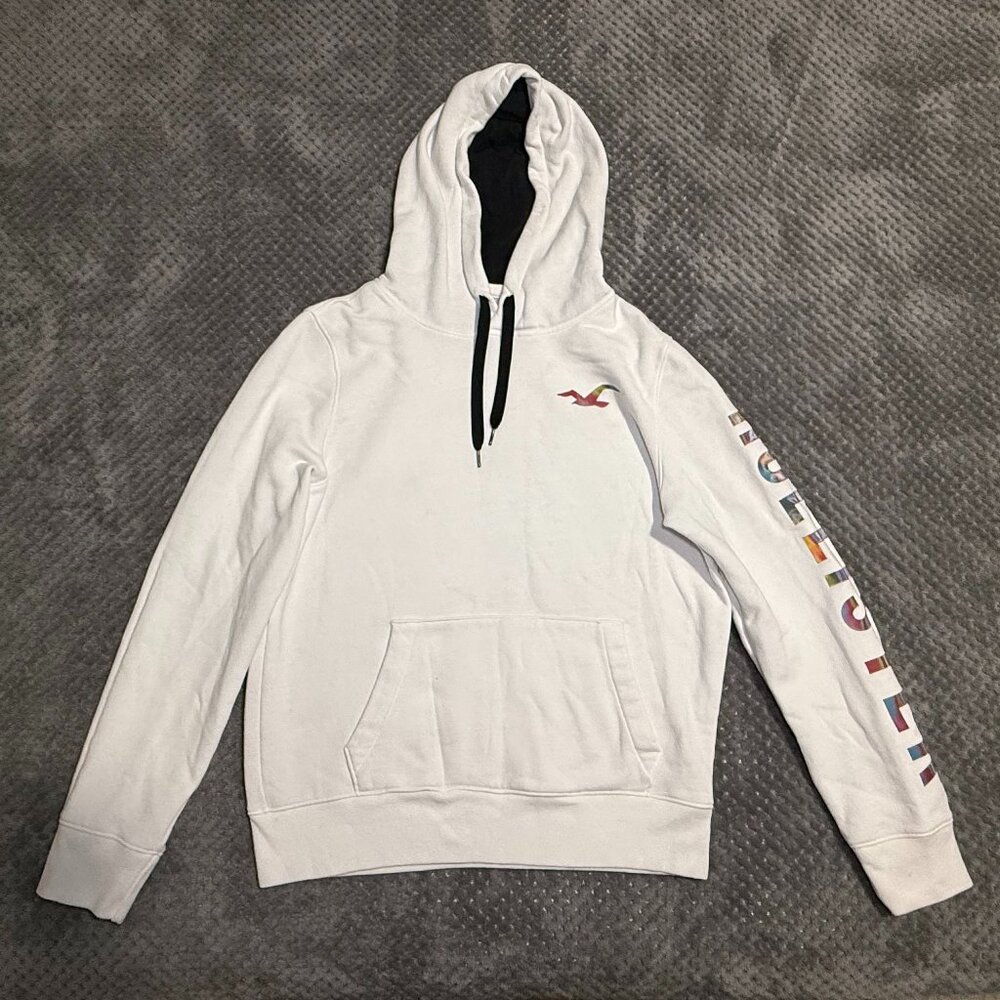 Hollister Men's White Holographic Ombre Logo Hoodie - Size M